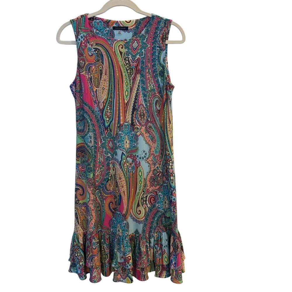 Tommy Hilfiger Paisley Sleeveless Shift Dress Pink Turquoise Ruffle Hem Size 6